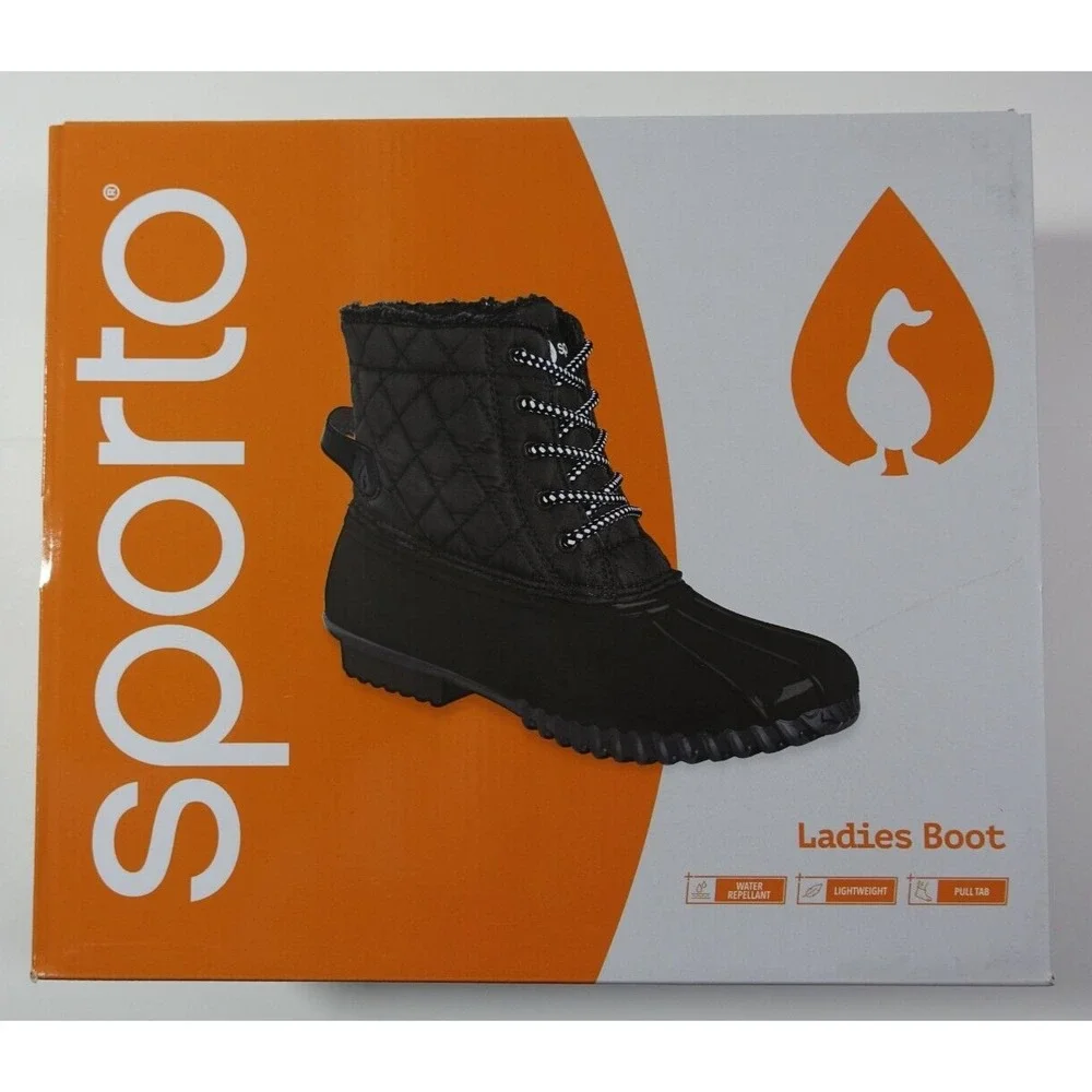 Sporto Andie Duck Boots Women 9 Black Water Repellant Lightweight Pull Tab